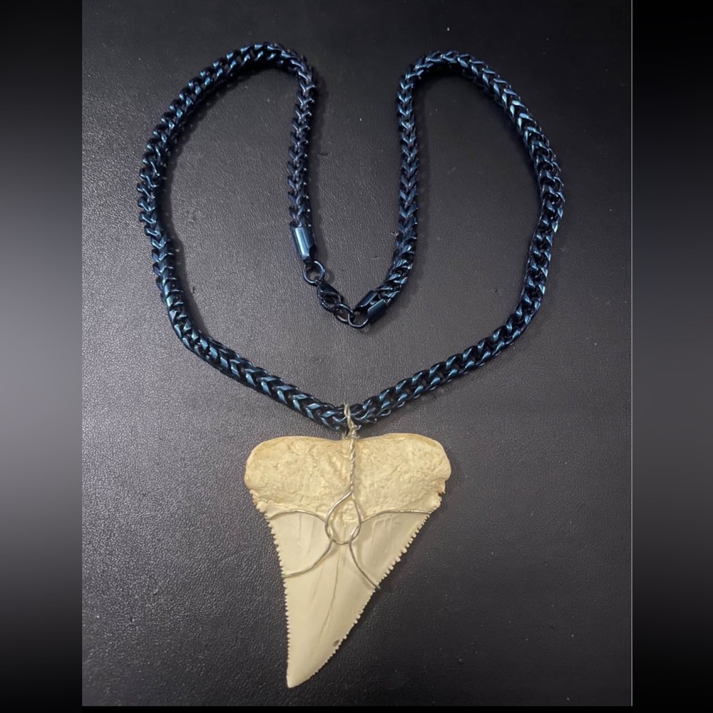 Blue Anodized Stainless Necklace with Faux Great White Shark Tooth Pendant